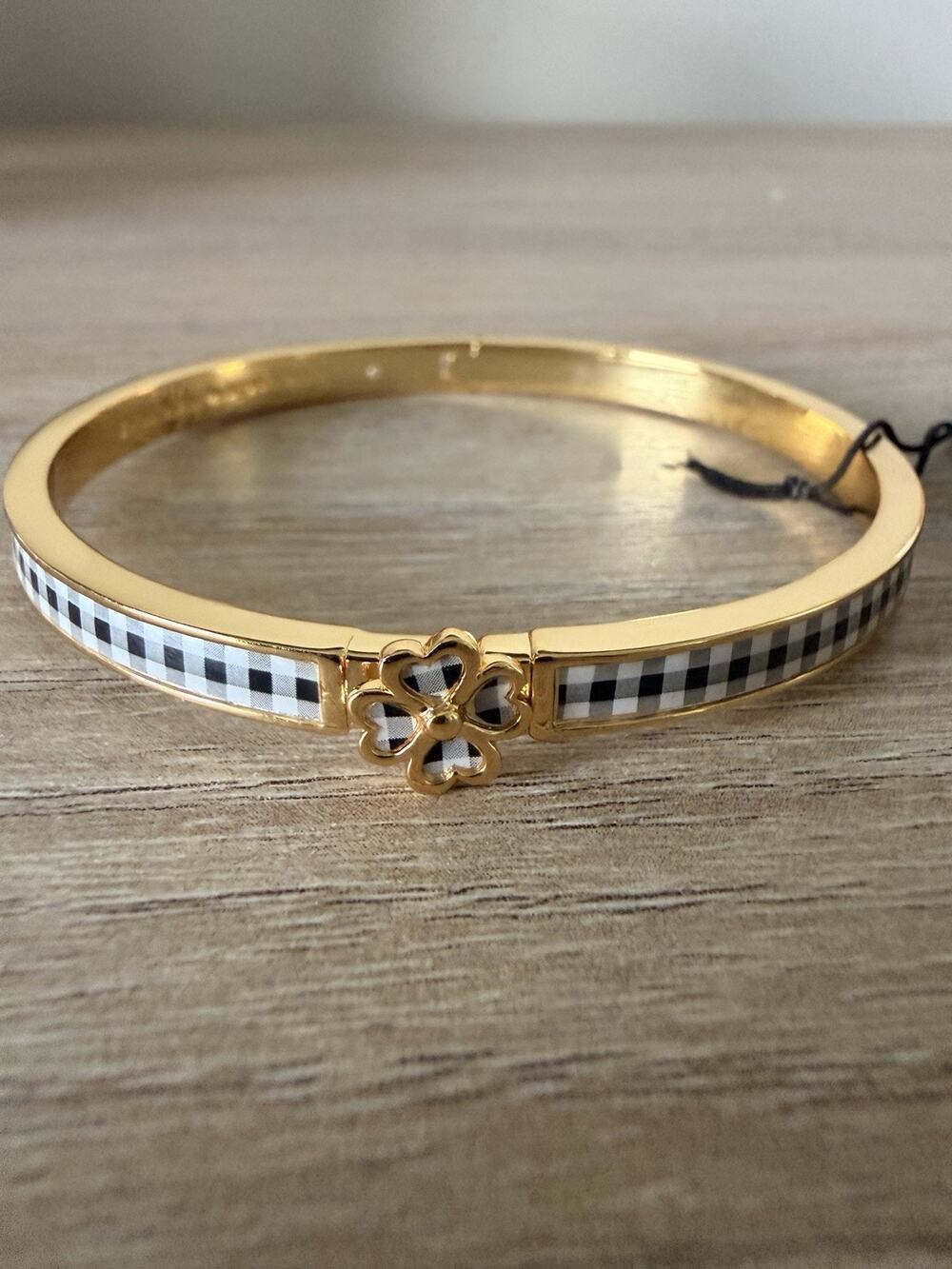 kate spade Gold Bangle with Black and White Check Inlay and Clover Charm